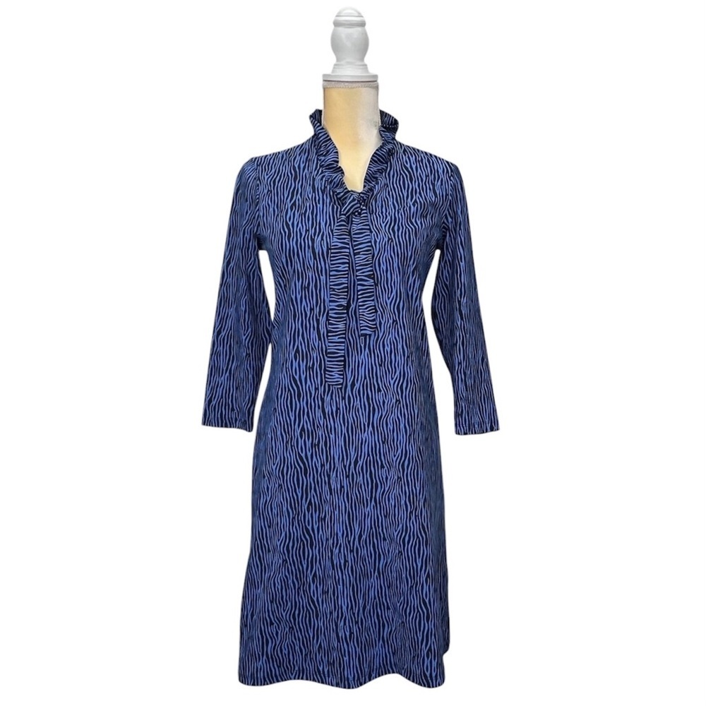J.McLaughlin Dress Size XS Blue & Black Zebra Print Knee Length 3/4 Sleeve EUC